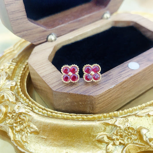 18K Gold Ruby Gemstone Four Leaf