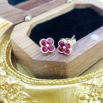 18K Gold Ruby Gemstone Four Leaf