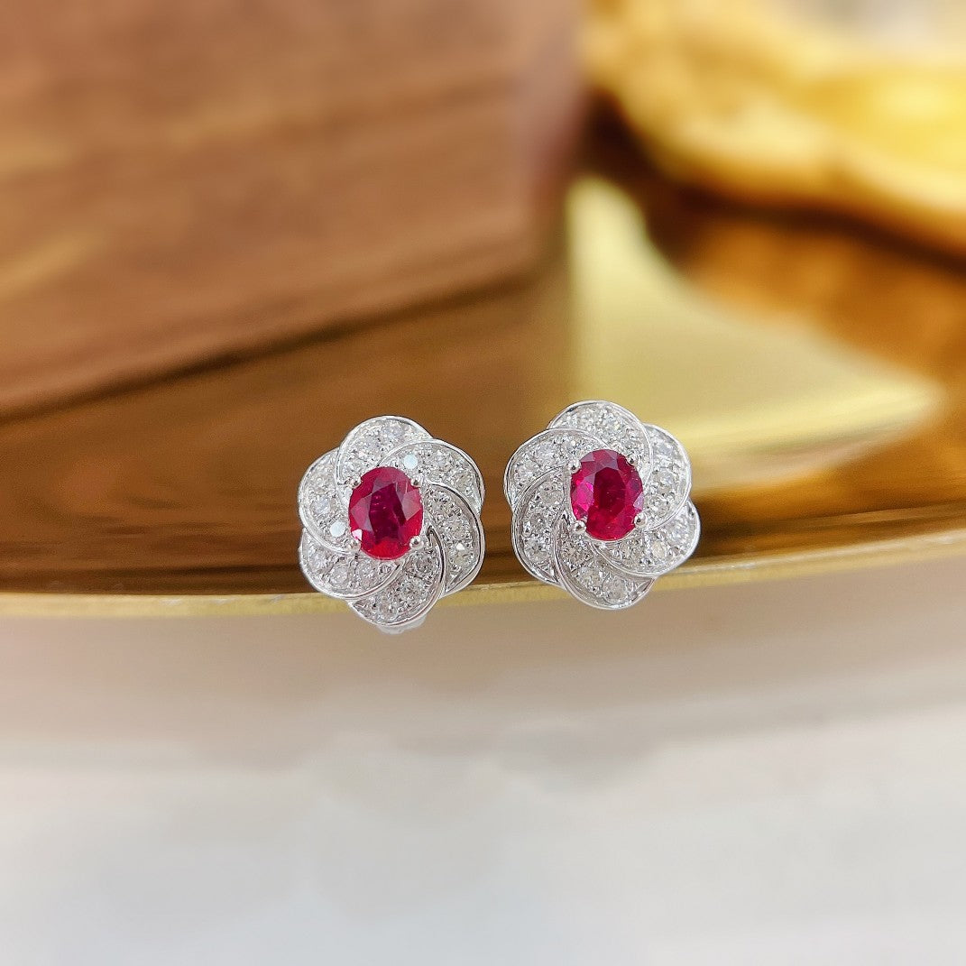 18K Diamond Ruby Gemstone Flower Earring