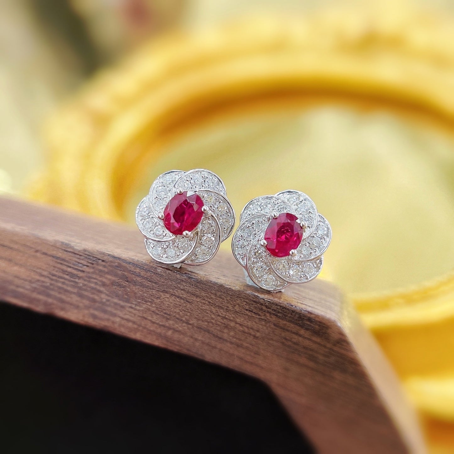 18K Diamond Ruby Gemstone Flower Earring