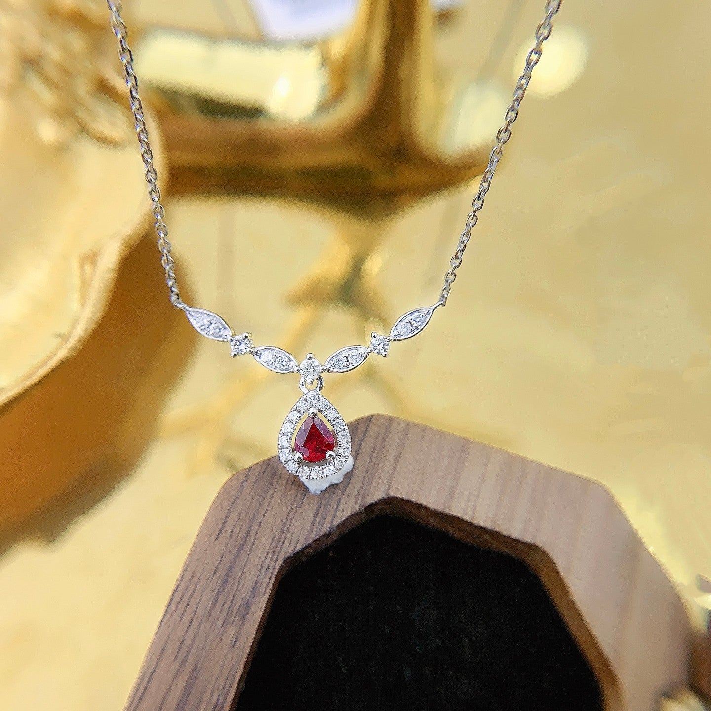 18K Diamond Ruby Gemstone Water Drop Necklace