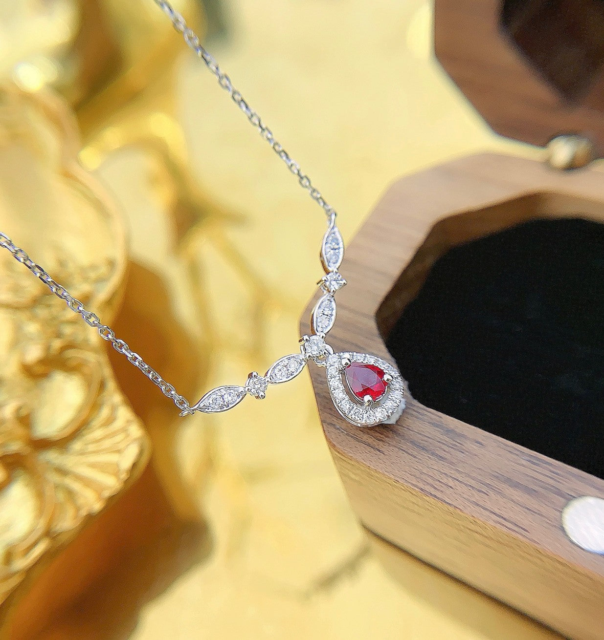 18K Diamond Ruby Gemstone Water Drop Necklace