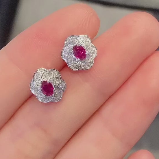 18K Diamond Ruby Gemstone Flower Earring