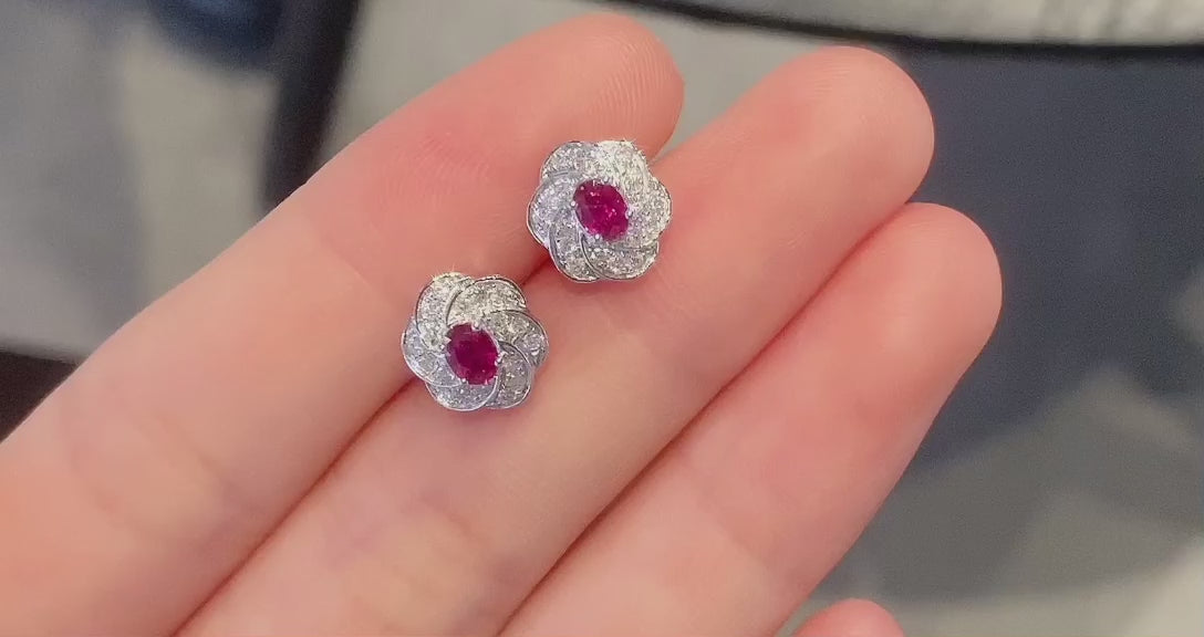 18K Diamond Ruby Gemstone Flower Earring